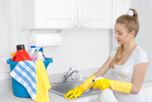 Local Camden cleaner tidying a compact flat bathroom and hallway